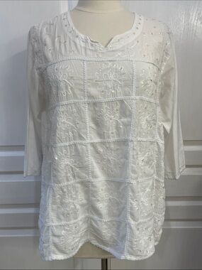 Sol White Embroidered Floral Cotton Tunic Top